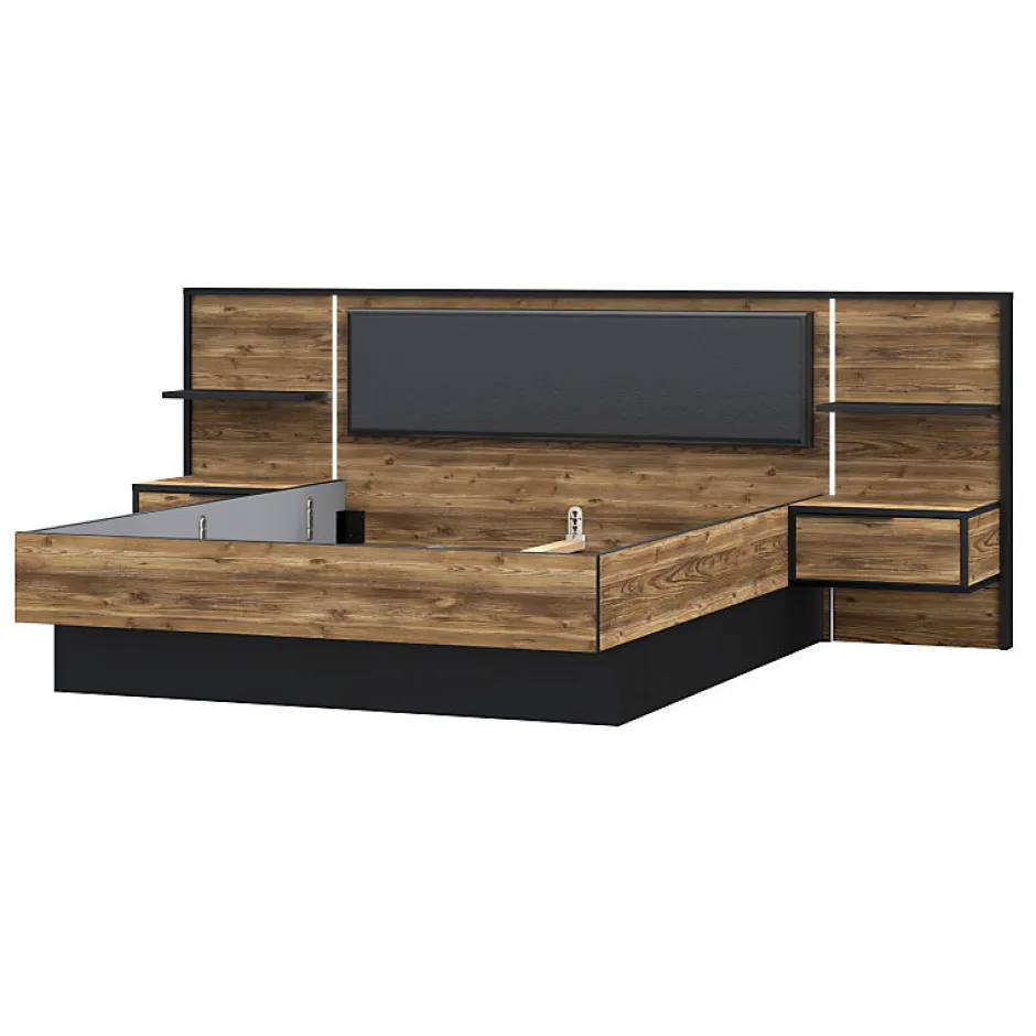 Meubletmoi Lit 160 x 200 cm décor bois épicéa et noir avec éclairage LED - CELIA