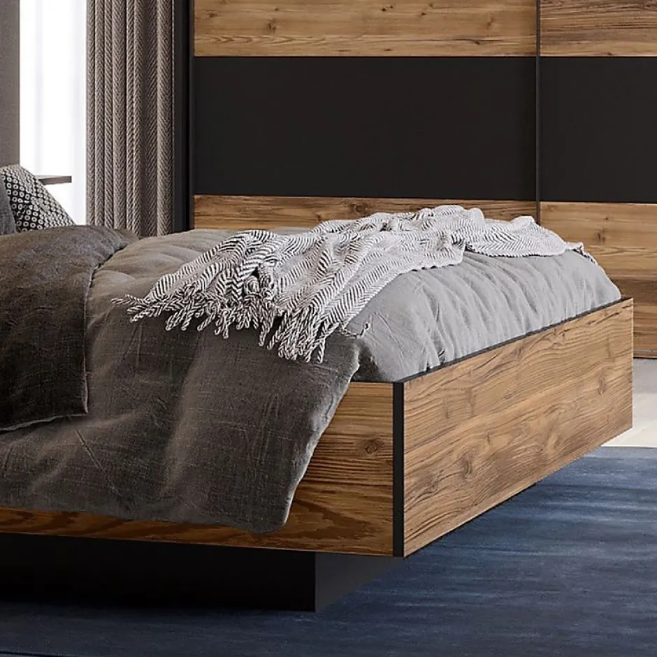 Meubletmoi Lit 160 x 200 cm décor bois épicéa et noir avec éclairage LED - CELIA