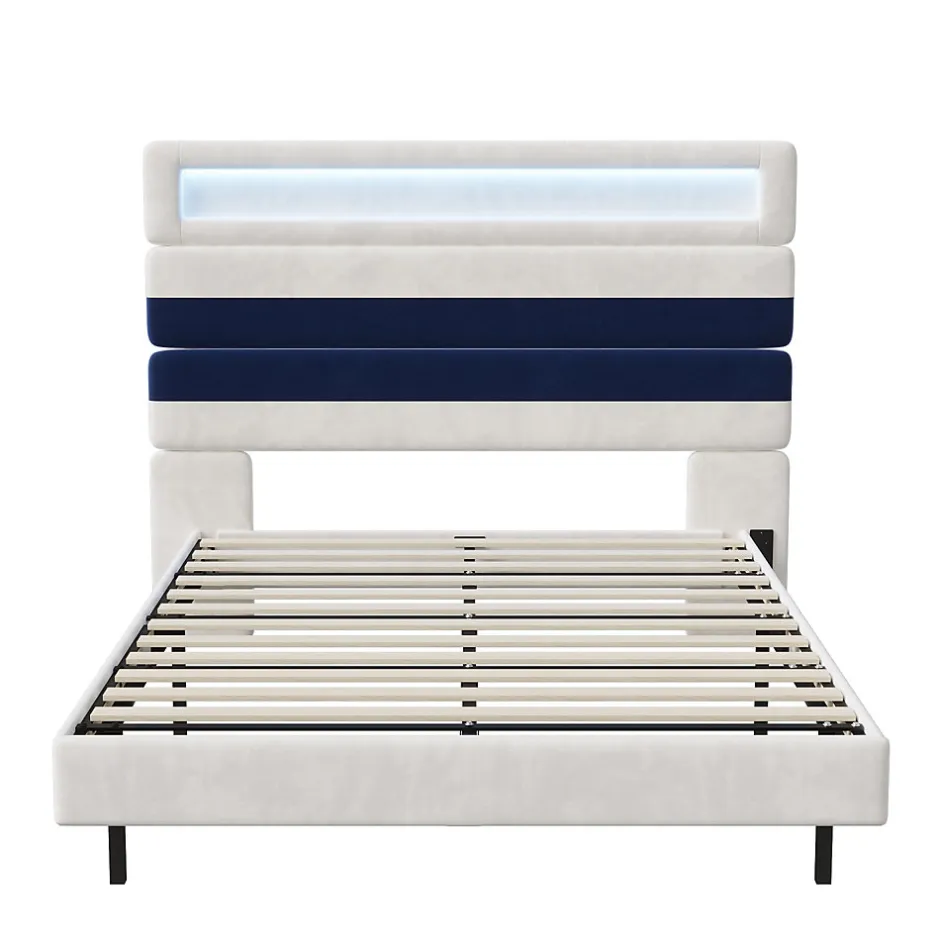 Fortuna lai Lit 140 x 200 cm Design Flottant avec Éclairage LED Prise Port USB Cadre Velours ,sans Matelas