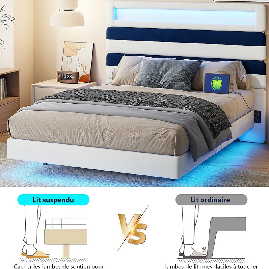Fortuna lai Lit 140 x 200 cm Design Flottant avec Éclairage LED Prise Port USB Cadre Velours ,sans Matelas