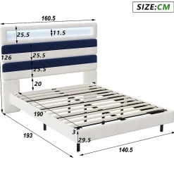 Fortuna lai Lit 140 x 200 cm Design Flottant avec Éclairage LED Prise Port USB Cadre Velours ,sans Matelas