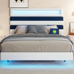 Fortuna lai Lit 140 x 200 cm Design Flottant avec Éclairage LED Prise Port USB Cadre Velours ,sans Matelas
