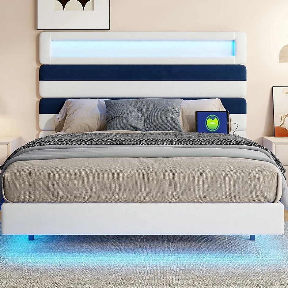 Fortuna lai Lit 140 x 200 cm Design Flottant avec Éclairage LED Prise Port USB Cadre Velours ,sans Matelas