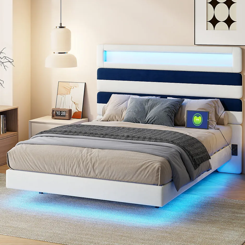 Fortuna lai Lit 140 x 200 cm Design Flottant avec Éclairage LED Prise Port USB Cadre Velours ,sans Matelas