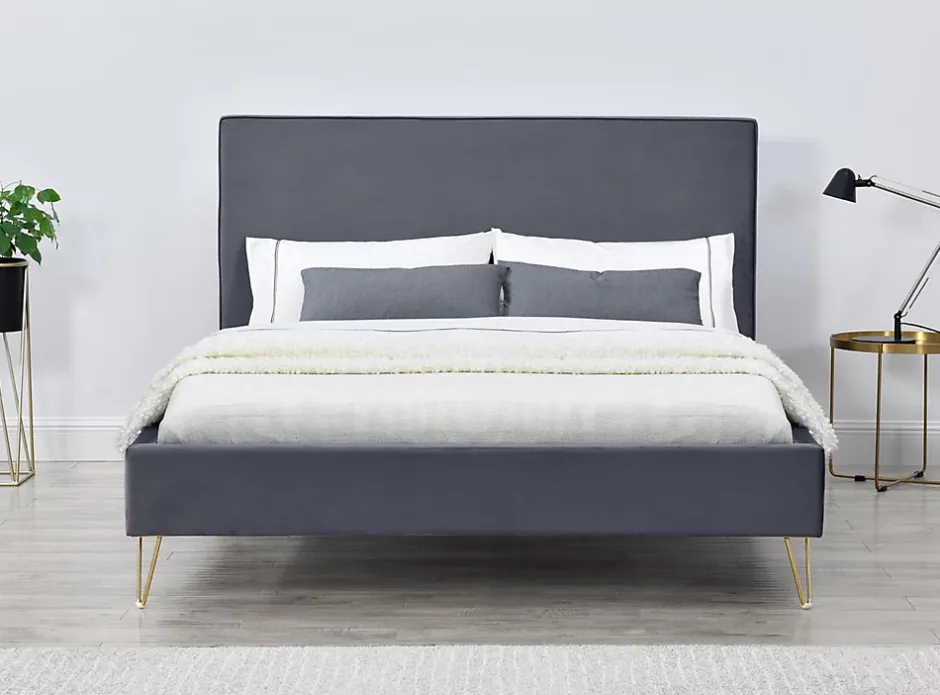Concept Usine Lit 140 x 190 cm en velours et laiton gris - RIVERSIDE
