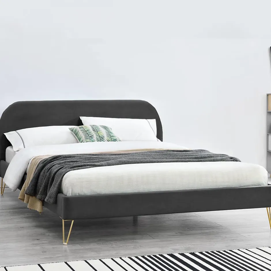Concept Usine Lit 140 x 190 cm en velours et laiton gris - PHOENIX Online