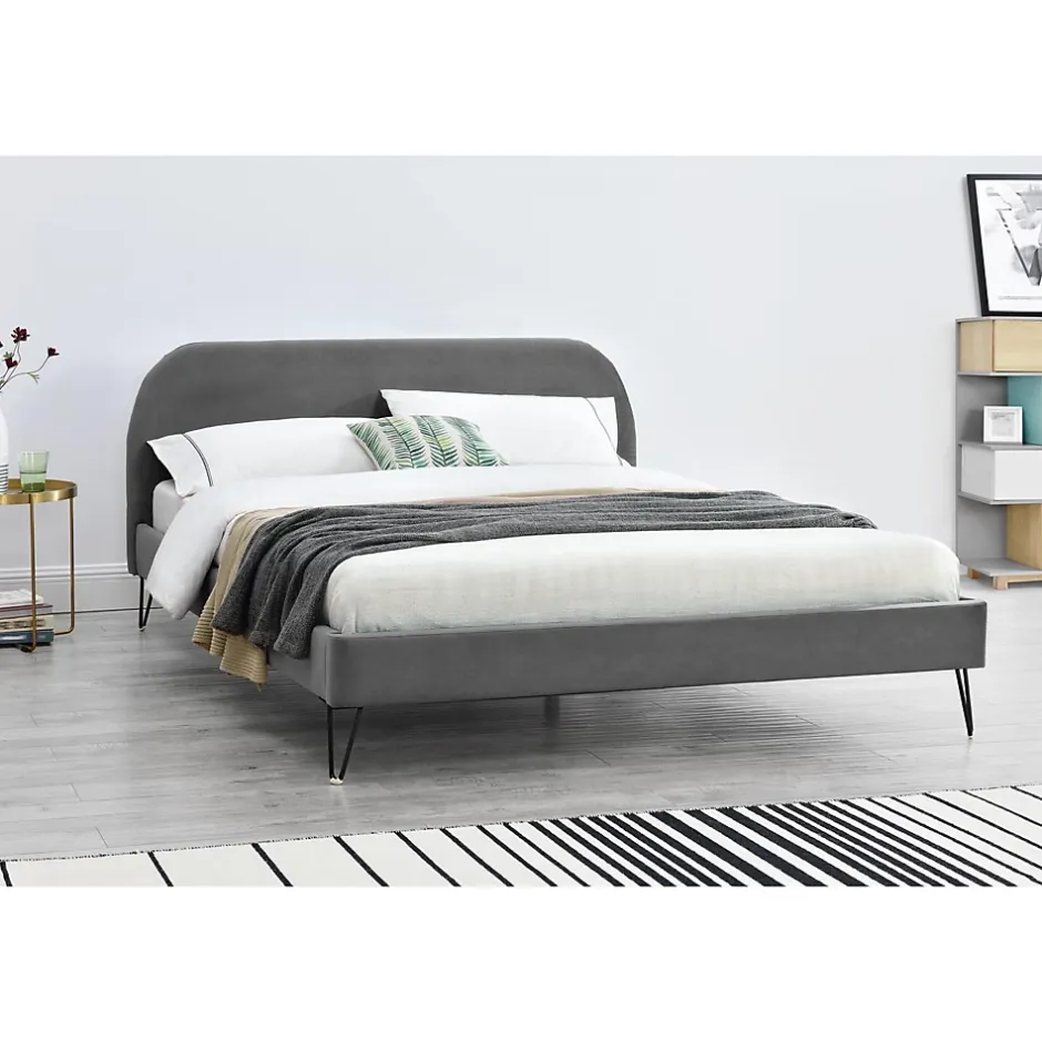Concept Usine Lit 140 x 190 cm en velours gris et pieds noirs - PHOENIX
