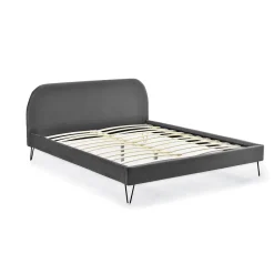 Concept Usine Lit 140 x 190 cm en velours gris et pieds noirs - PHOENIX