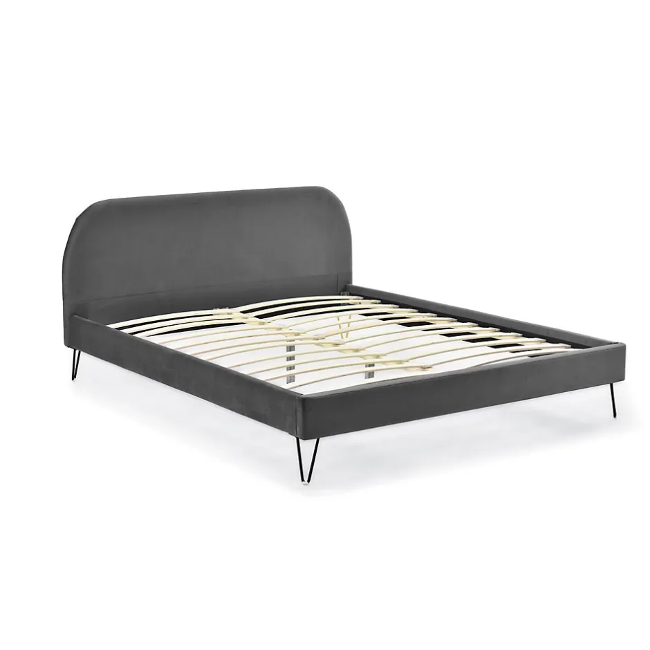 Concept Usine Lit 140 x 190 cm en velours gris et pieds noirs - PHOENIX