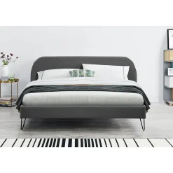Concept Usine Lit 140 x 190 cm en velours gris et pieds noirs - PHOENIX