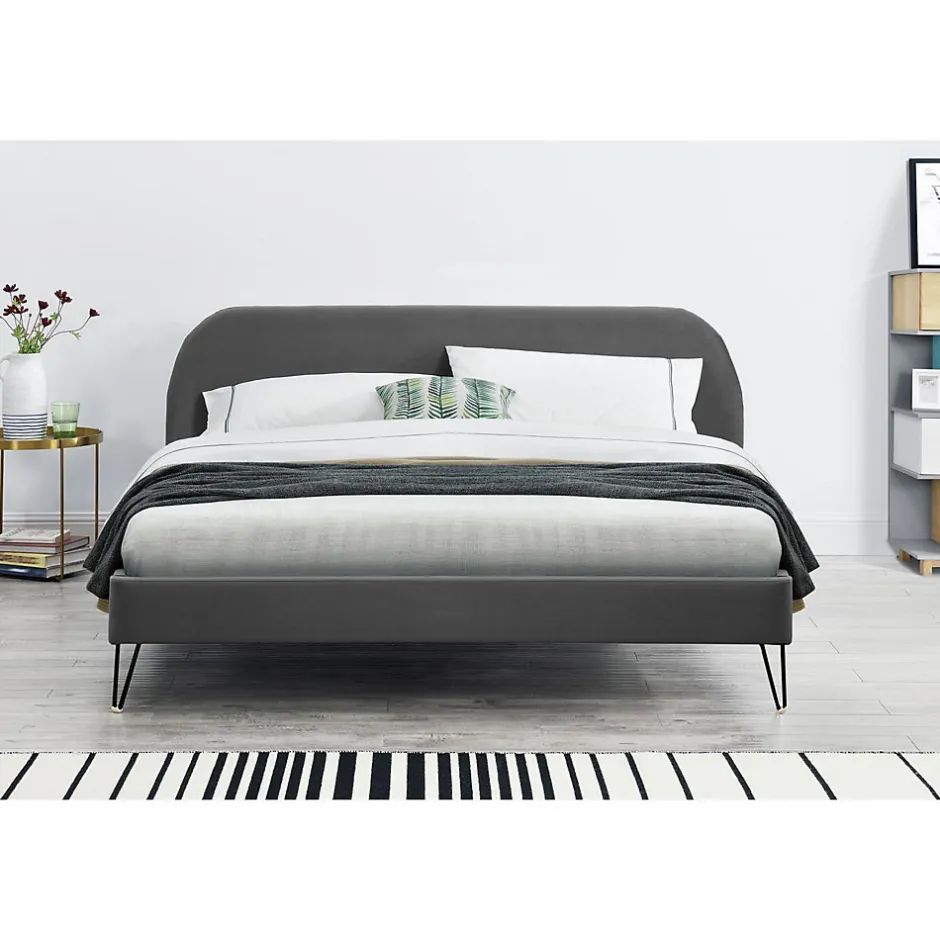 Concept Usine Lit 140 x 190 cm en velours gris et pieds noirs - PHOENIX