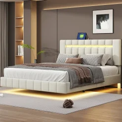 Simple Life Lit 160 X 200 Cm, Rembourré, Avec Tête De Lit Réglable, Éclairage LED, En Lin, Beige