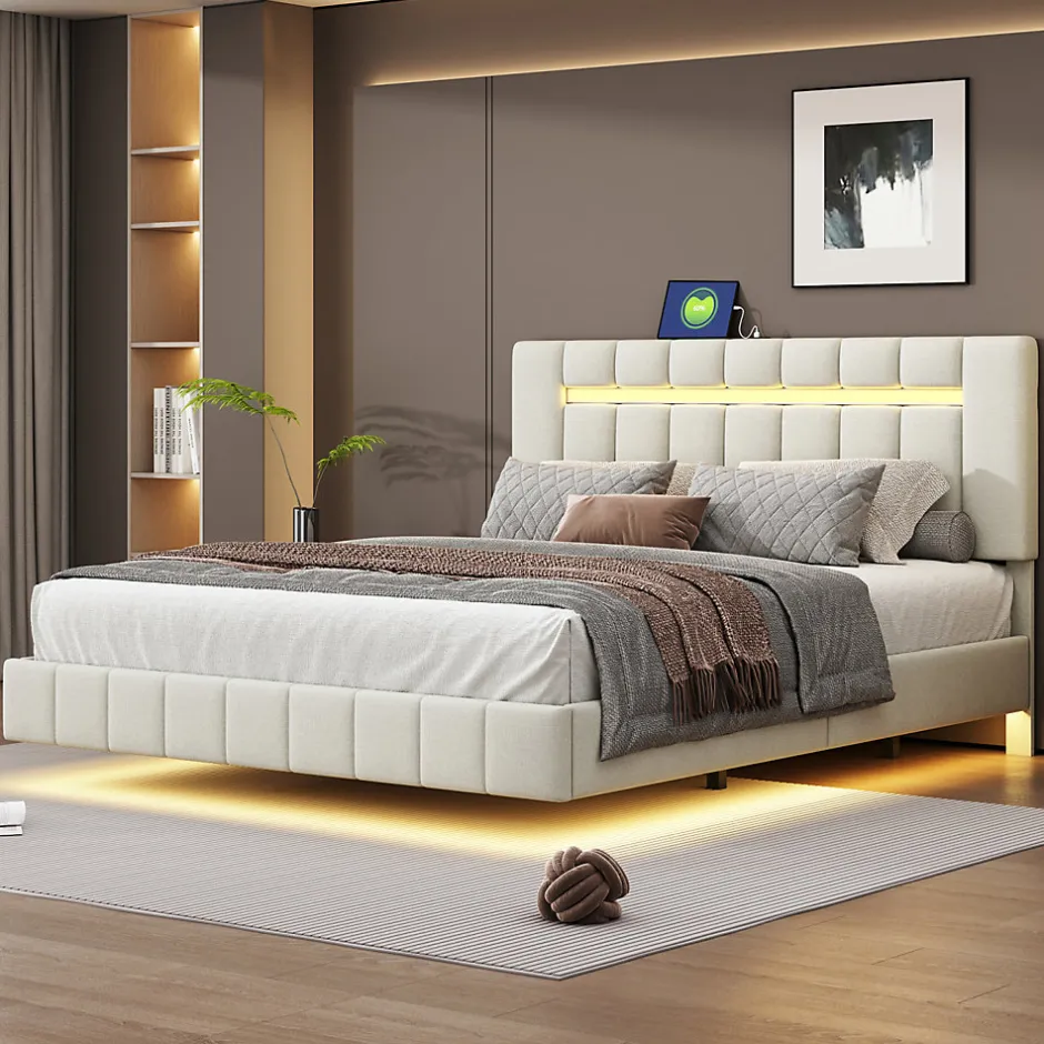 Simple Life Lit 160 X 200 Cm, Rembourré, Avec Tête De Lit Réglable, Éclairage LED, En Lin, Beige