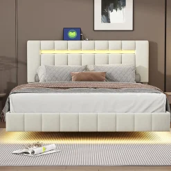 Simple Life Lit 160 X 200 Cm, Rembourré, Avec Tête De Lit Réglable, Éclairage LED, En Lin, Beige