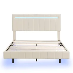Simple Life Lit 160 X 200 Cm, Rembourré, Avec Tête De Lit Réglable, Éclairage LED, En Lin, Beige