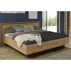 Meubletmoi Lit 180 x 200 cm tête de lit décor chêne naturel et noir mat - ALIA