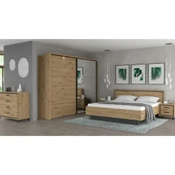 Meubletmoi Lit 180 x 200 cm tête de lit décor chêne naturel et noir mat - ALIA