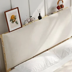 Okwish Lit Ado 140x200 cm - Lit Double avec Tête de Lit Capitonnée à Scratch, Sommier à Lattes, sans Matelas - Bois Naturel Outlet