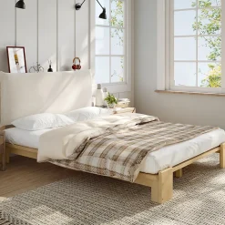 Okwish Lit Ado 140x200 cm - Lit Double avec Tête de Lit Capitonnée à Scratch, Sommier à Lattes, sans Matelas - Bois Naturel Outlet