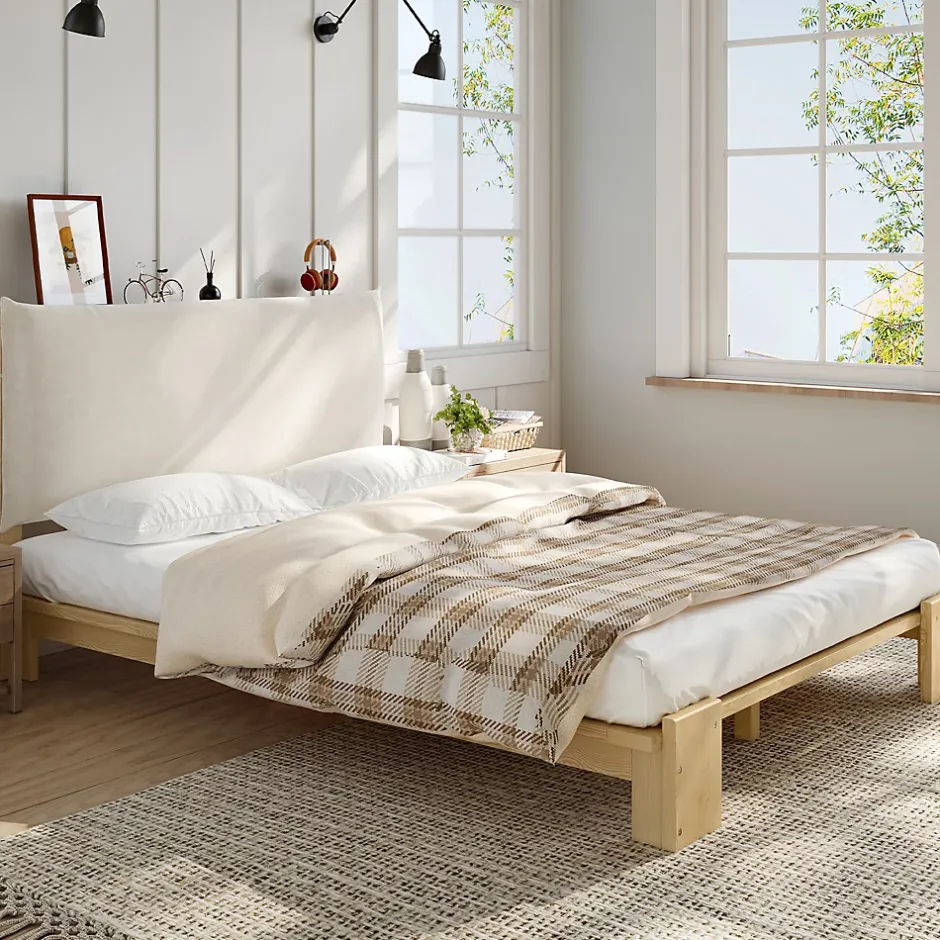 Okwish Lit Ado 140x200 cm - Lit Double avec Tête de Lit Capitonnée à Scratch, Sommier à Lattes, sans Matelas - Bois Naturel Outlet