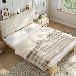 Okwish Lit Ado 140x200 cm - Lit Double avec Tête de Lit Capitonnée à Scratch, Sommier à Lattes, sans Matelas - Bois Naturel Outlet