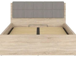 Pegane Lit adule 140x200 avec tête de lit capitonnée beige,sommier et rangement, coloris chêne Sonoma - L. 204,5 x P. 149 x H. 95/40,5 cm