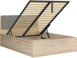 Pegane Lit adule 140x200 avec tête de lit capitonnée beige,sommier et rangement, coloris chêne Sonoma - L. 204,5 x P. 149 x H. 95/40,5 cm