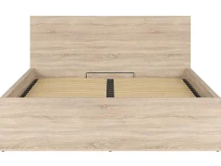 Pegane Lit adule 160x200 Lit coffre 2 place avec sommier et rangement, coloris chêne Sonoma - L. 204,5 x P. 169 x H. 95/40,5 cm