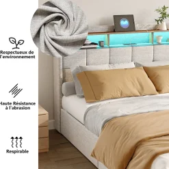Generique Lit adulte 180 x 200 cm avec 4 tiroirs de rangement, bande lumineuse LED, chargement USB, lit capitonné double, lit ado, lin beige