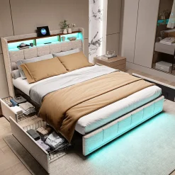 Generique Lit adulte 180 x 200 cm avec 4 tiroirs de rangement, bande lumineuse LED, chargement USB, lit capitonné double, lit ado, lin beige