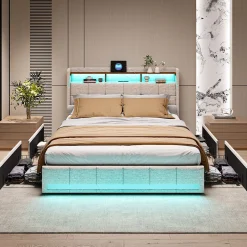 Generique Lit adulte 180 x 200 cm avec 4 tiroirs de rangement, bande lumineuse LED, chargement USB, lit capitonné double, lit ado, lin beige