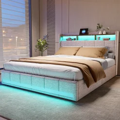 Generique Lit adulte 180 x 200 cm avec 4 tiroirs de rangement, bande lumineuse LED, chargement USB, lit capitonné double, lit ado, lin beige