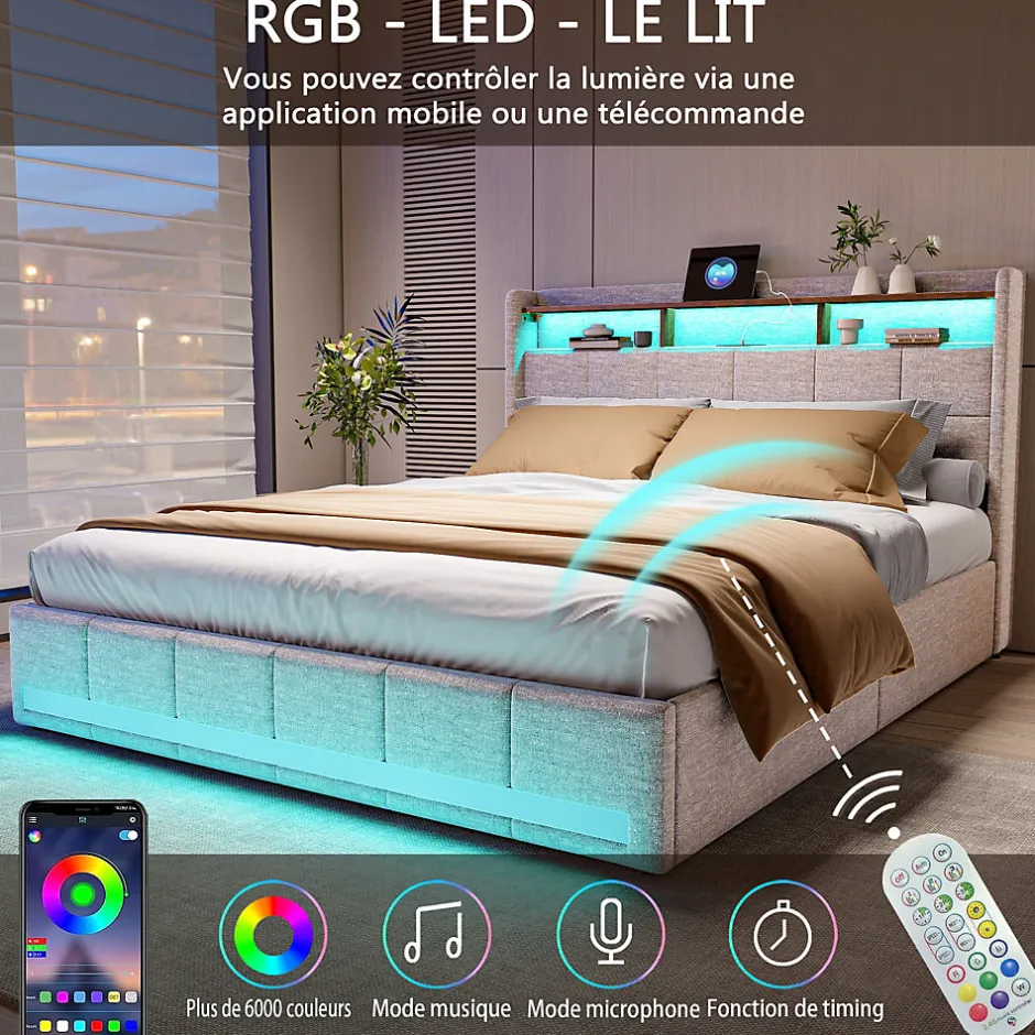 Generique Lit adulte 180 x 200 cm avec 4 tiroirs de rangement, bande lumineuse LED, chargement USB, lit capitonné double, lit ado, lin beige