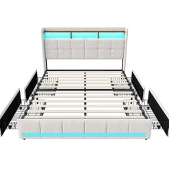Generique Lit adulte 180 x 200 cm avec 4 tiroirs de rangement, bande lumineuse LED, chargement USB, lit capitonné double, lit ado, lin beige