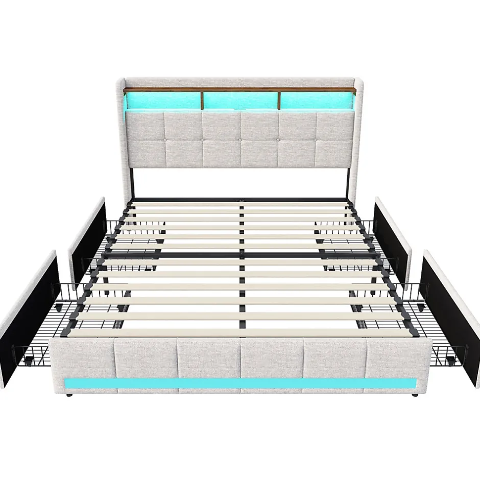 Generique Lit adulte 180 x 200 cm avec 4 tiroirs de rangement, bande lumineuse LED, chargement USB, lit capitonné double, lit ado, lin beige