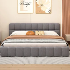 Fortuna lai Lit adulte 160 x 200,lit au sol, lit bas,avec tête de lit et dossier souple,sommier à lattes,scandinave moderne,lin,gris Best