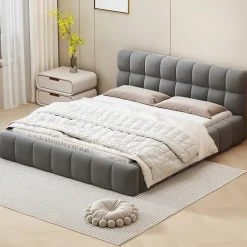 Fortuna lai Lit adulte 160 x 200,lit au sol, lit bas,avec tête de lit et dossier souple,sommier à lattes,scandinave moderne,lin,gris Best