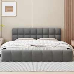 Fortuna lai Lit adulte 160 x 200,lit au sol, lit bas,avec tête de lit et dossier souple,sommier à lattes,scandinave moderne,lin,gris Best