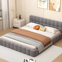 Fortuna lai Lit adulte 160 x 200,lit au sol, lit bas,avec tête de lit et dossier souple,sommier à lattes,scandinave moderne,lin,gris Best