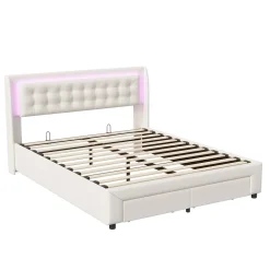 Fortuna lai Lit Adulte Avec Sommier à Lattes 140x190 Cm,avec LED Et Rangement,avec Tête De Lit En Velours,beige