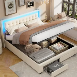 Fortuna lai Lit Adulte Avec Sommier à Lattes 140x190 Cm,avec LED Et Rangement,avec Tête De Lit En Velours,beige