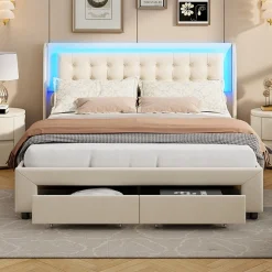 Fortuna lai Lit Adulte Avec Sommier à Lattes 140x190 Cm,avec LED Et Rangement,avec Tête De Lit En Velours,beige