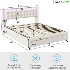 Fortuna lai Lit Adulte Avec Sommier à Lattes 140x190 Cm,avec LED Et Rangement,avec Tête De Lit En Velours,beige