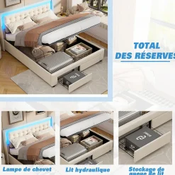 Fortuna lai Lit Adulte Avec Sommier à Lattes 140x190 Cm,avec LED Et Rangement,avec Tête De Lit En Velours,beige