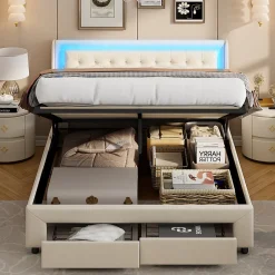 Fortuna lai Lit Adulte Avec Sommier à Lattes 140x190 Cm,avec LED Et Rangement,avec Tête De Lit En Velours,beige