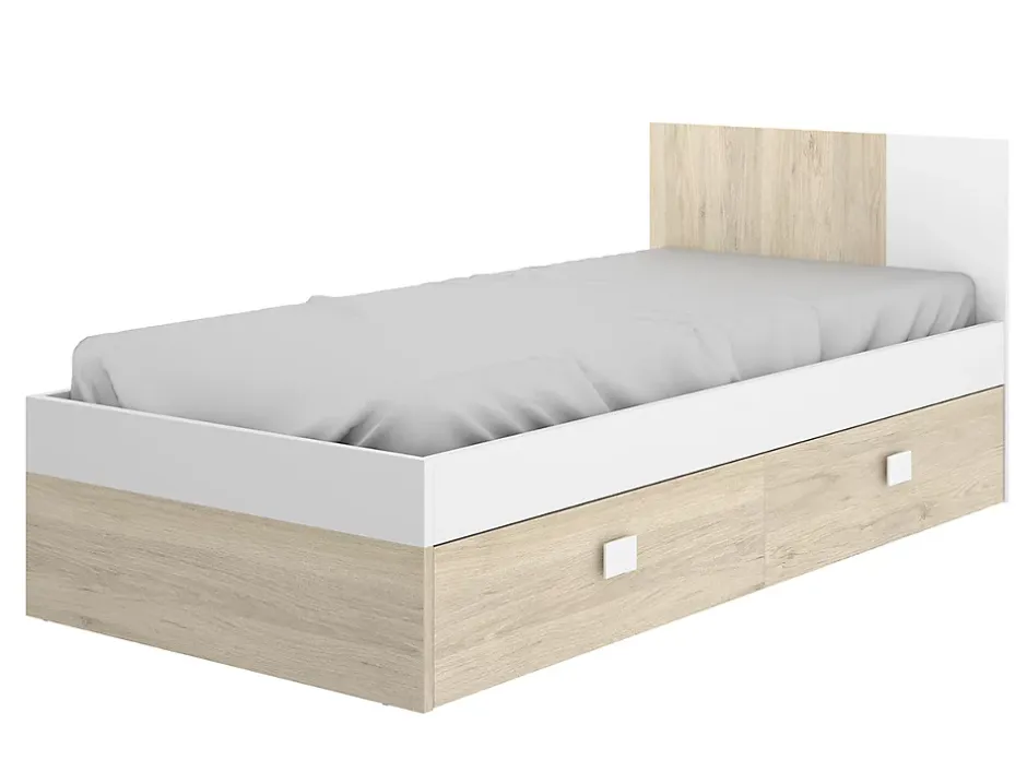 Pegane Lit adulte coloris blanc, chêne naturel avec 2 tiroirs - Longueur 196 x Profondeur 97 x Hauteur 79 cm Online