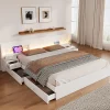 ModernLuxe Lit adulte de rangement 180x200cm en bois - avec prises USB et LED - 2 tables de chevet & 2 tiroirs - Blanc