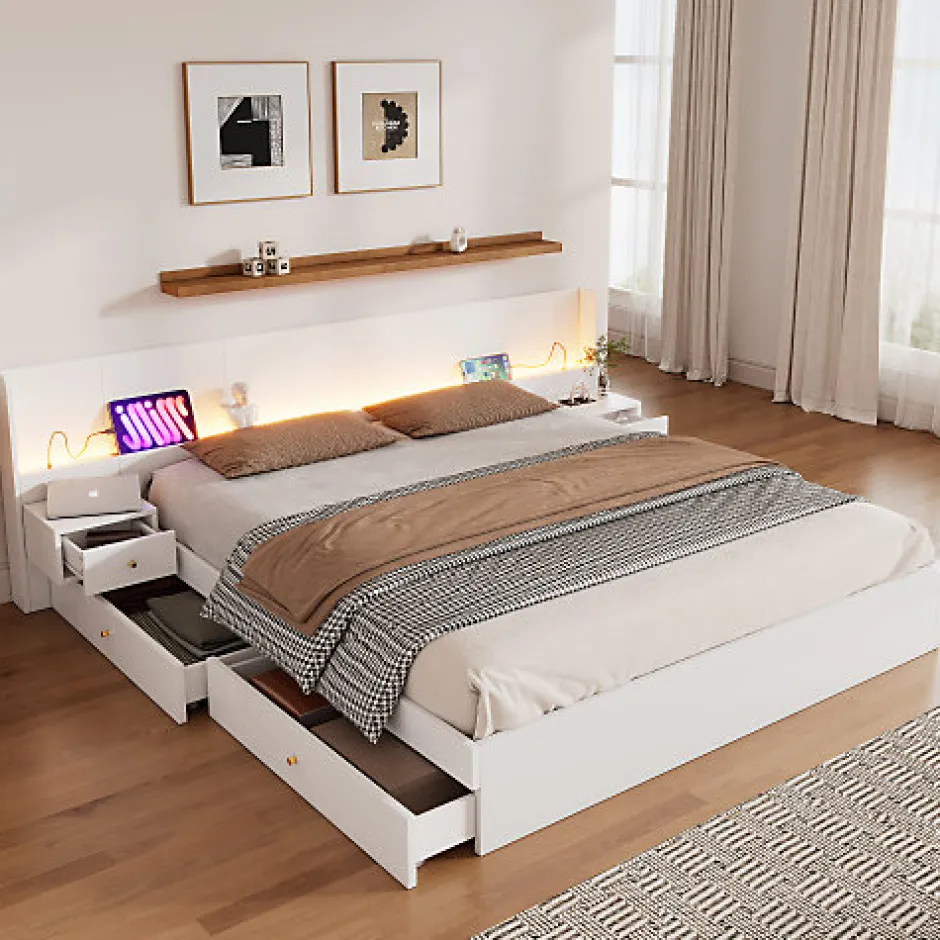 ModernLuxe Lit adulte de rangement 180x200cm en bois - avec prises USB et LED - 2 tables de chevet & 2 tiroirs - Blanc
