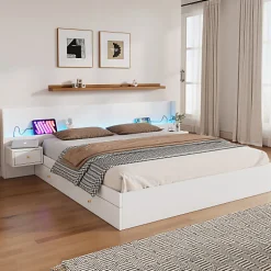 ModernLuxe Lit adulte de rangement 180x200cm en bois - avec prises USB et LED - 2 tables de chevet & 2 tiroirs - Blanc