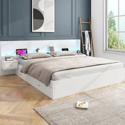 ModernLuxe Lit adulte de rangement 180x200cm en bois - avec prises USB et LED - 2 tables de chevet & 2 tiroirs - Blanc